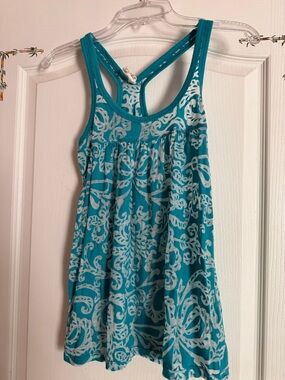Aeropostale Teal and White Patterned Racerback Tank Top